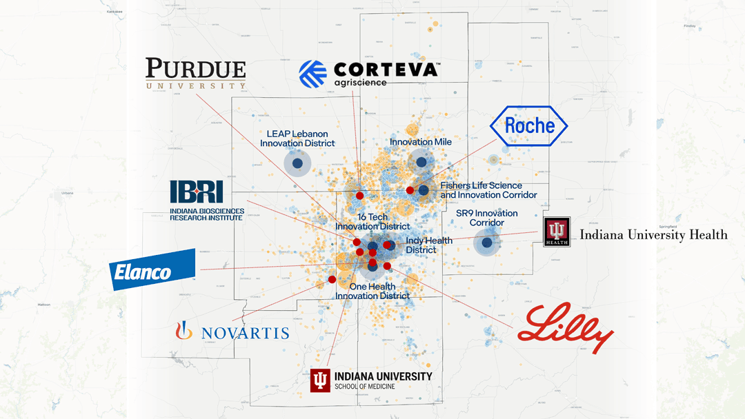 Map of the BioHeartland innovation districts and corridors across Indiana — including 16 Tech, One Health, Fishers Life Science, SRP Innovation Corridor, LEAP Lebanon, Indy Health Innovation District, and Innovation Mile — alongside anchor organizations such as Purdue, Lilly, Roche, Corteva, Elanco, Novartis, IBRI, and Indiana University.